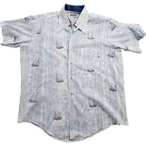 Kentfield Button Down Shirt Men XL Light Blue Sailboat Print Vintage 70s Short S